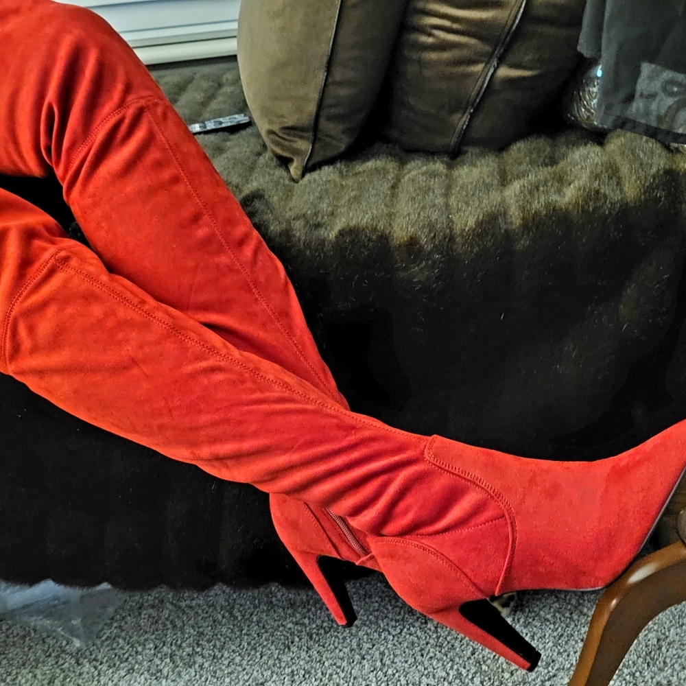 Women's Red Faux Suede Over-the-Knee Heeled Boots